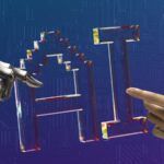 two hands touching each other in front of a blue background