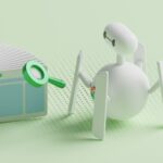 a small white person standing next to a small white object